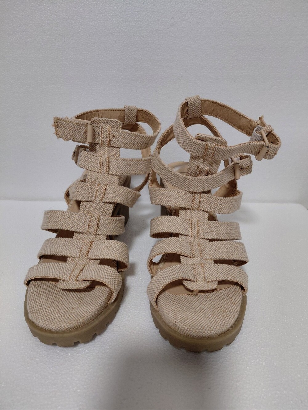 Neutral Beige Strappy Block Heel Sandals